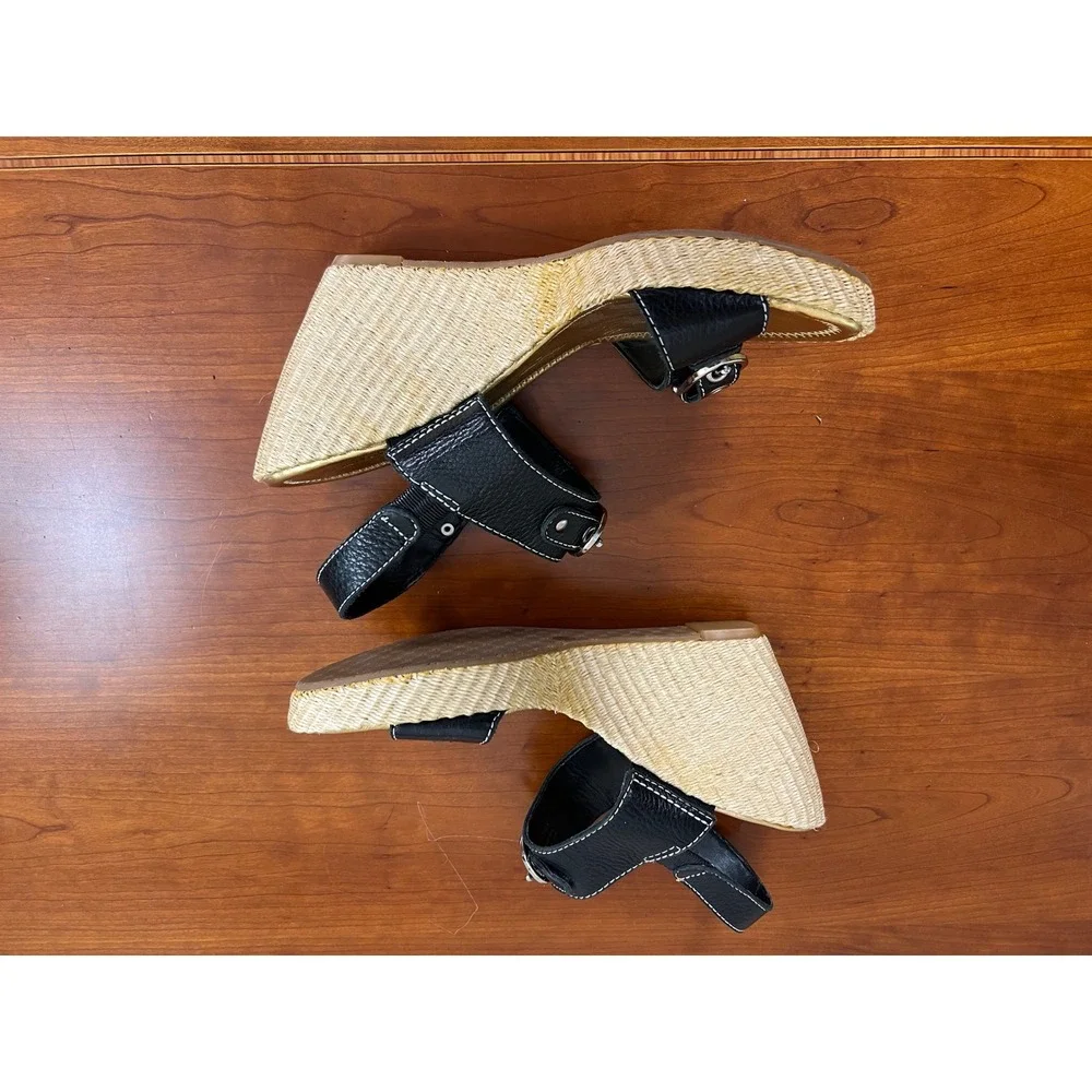Antonio Melani Ashlee Black Leather Raffia Wedge Sandals Platform Buckle Sz 9.5